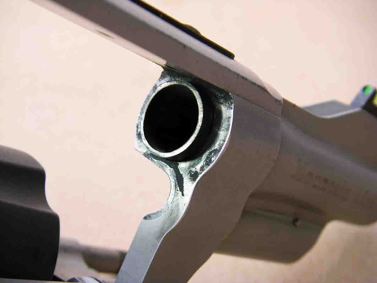 Various Smith & Wesson L-frame .44 Special revolvers, such as this Model 396 Mountain Lite, are strong, but their barrel proper is thin and can split with heavy loads.